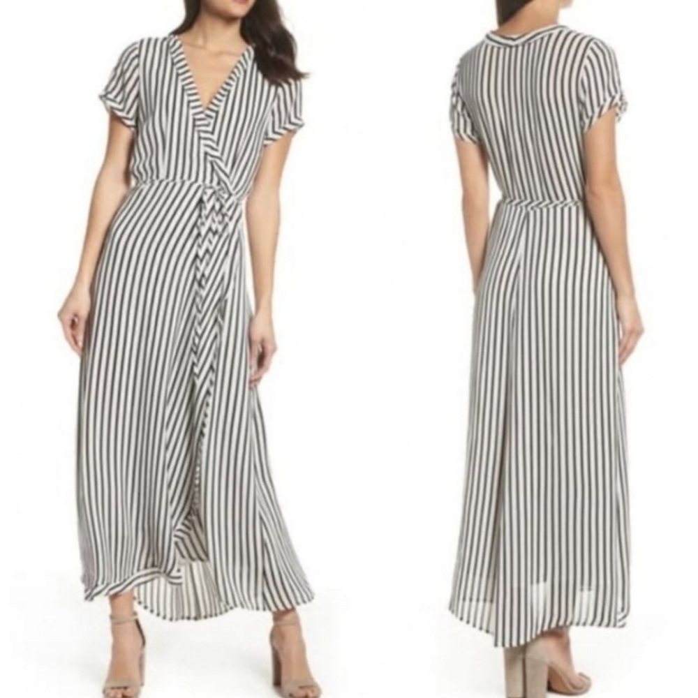 Bardot Size 6 Adie Striped Midi Wrap Dress Black & White